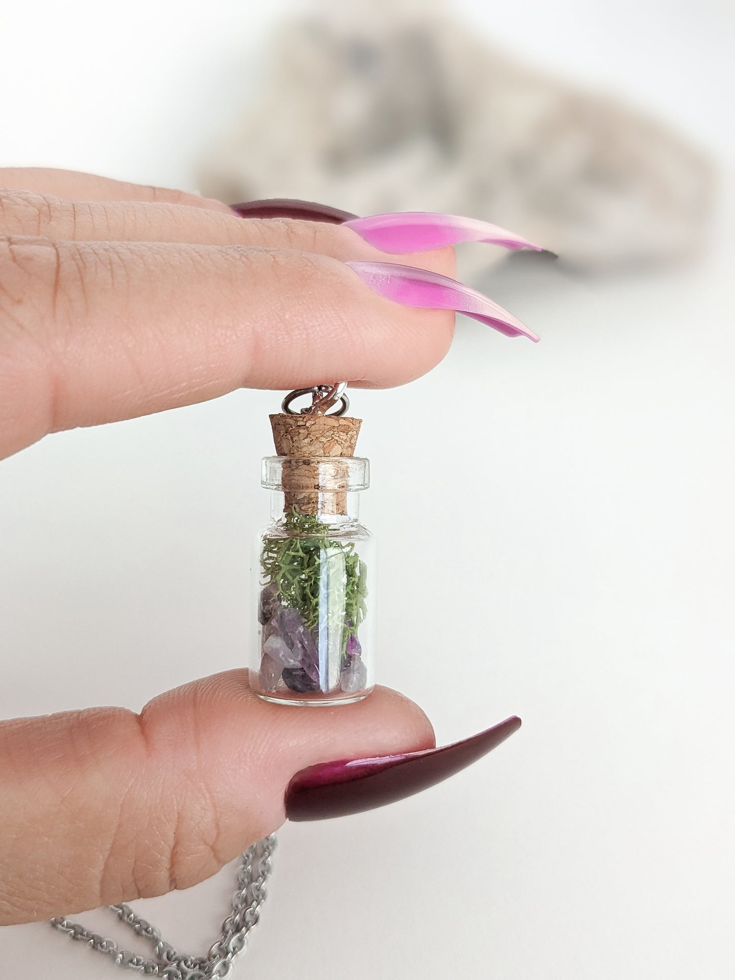 Extra Tiny Amethyst & Moss Terrarium Bottle Necklace