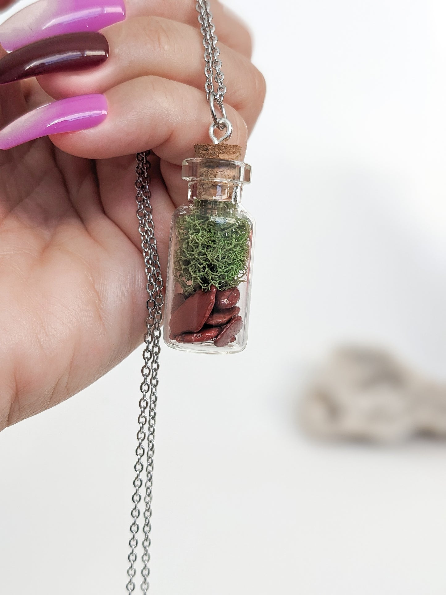 Red Jasper & Moss Terrarium Bottle Necklace