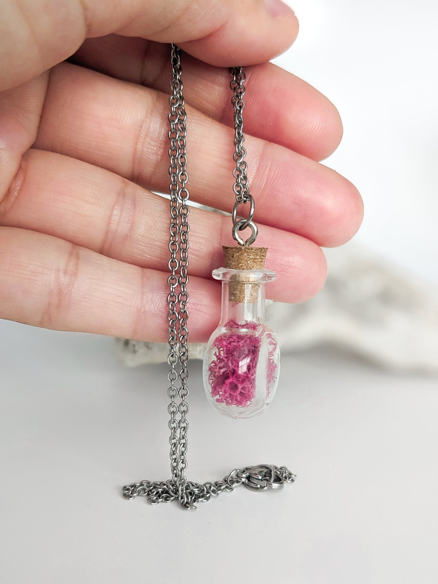 Tiny PINK Moss Terrarium Bottle Necklace