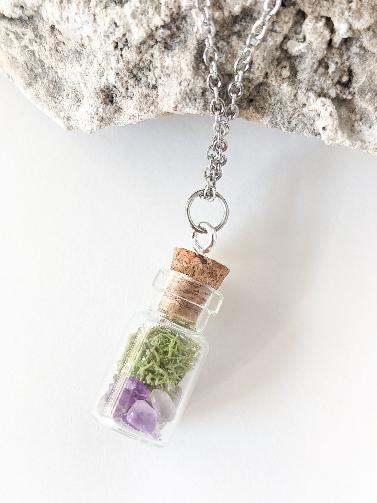 Extra Tiny Amethyst & Moss Terrarium Bottle Necklace