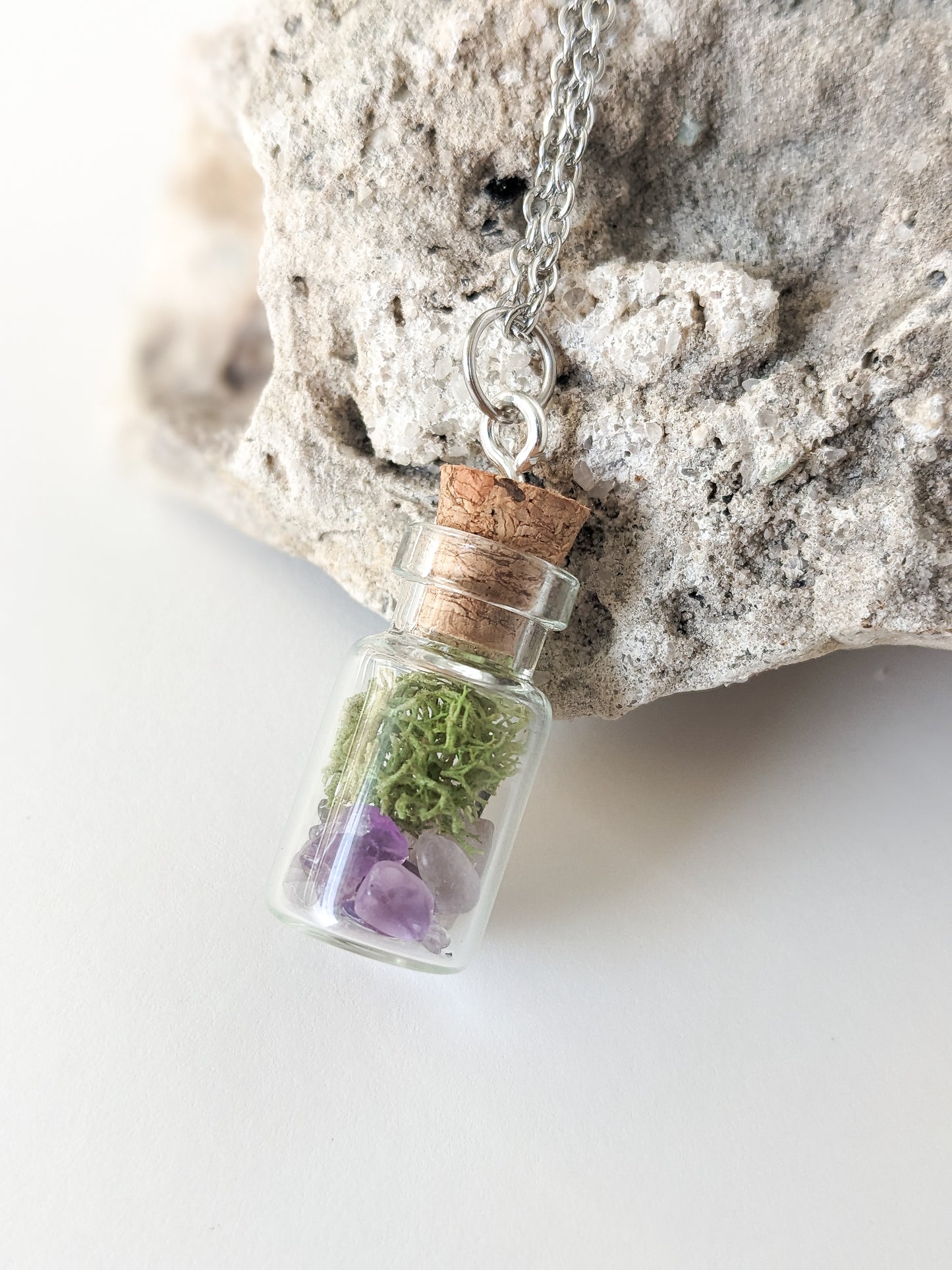 Extra Tiny Amethyst & Moss Terrarium Bottle Necklace