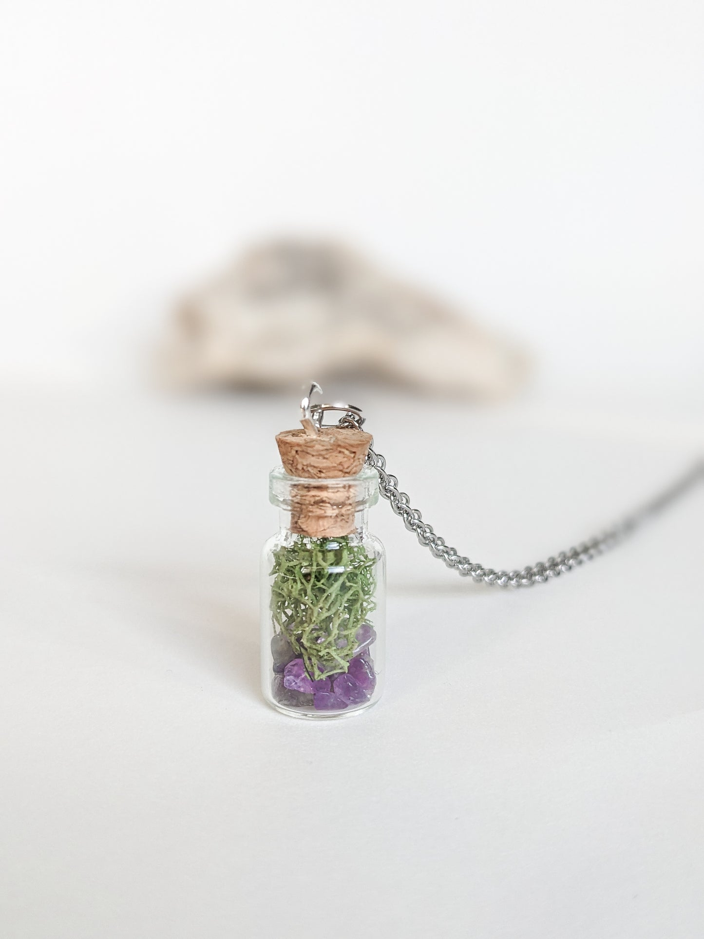 Extra Tiny Amethyst & Moss Terrarium Bottle Necklace