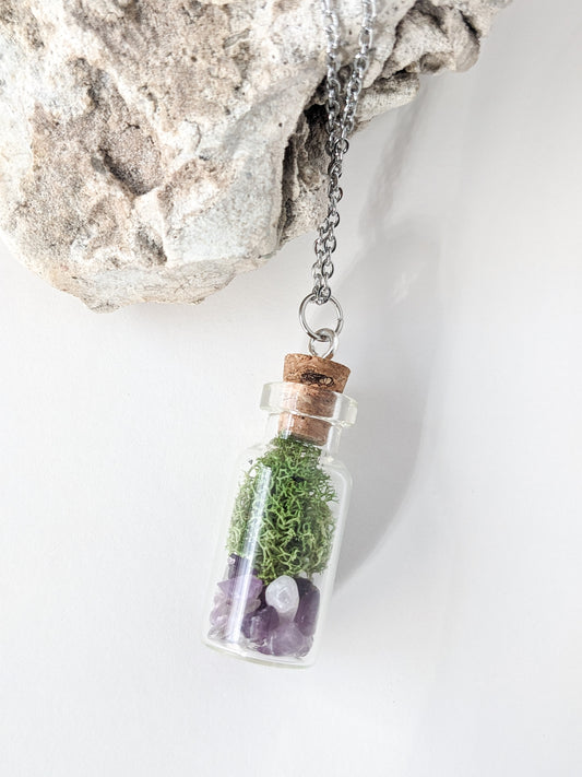 Amethyst & Moss Terrarium Bottle Necklace