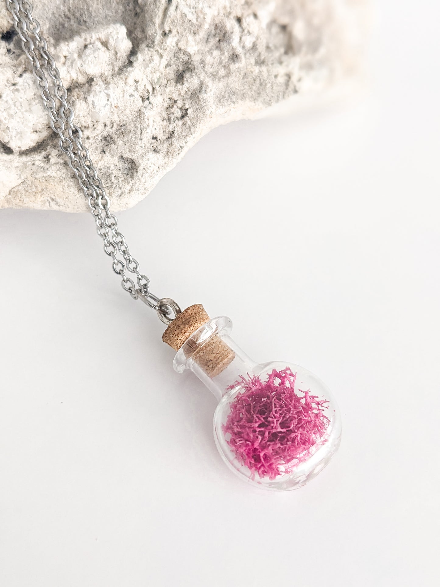 Tiny PINK Moss Terrarium Bottle Necklace